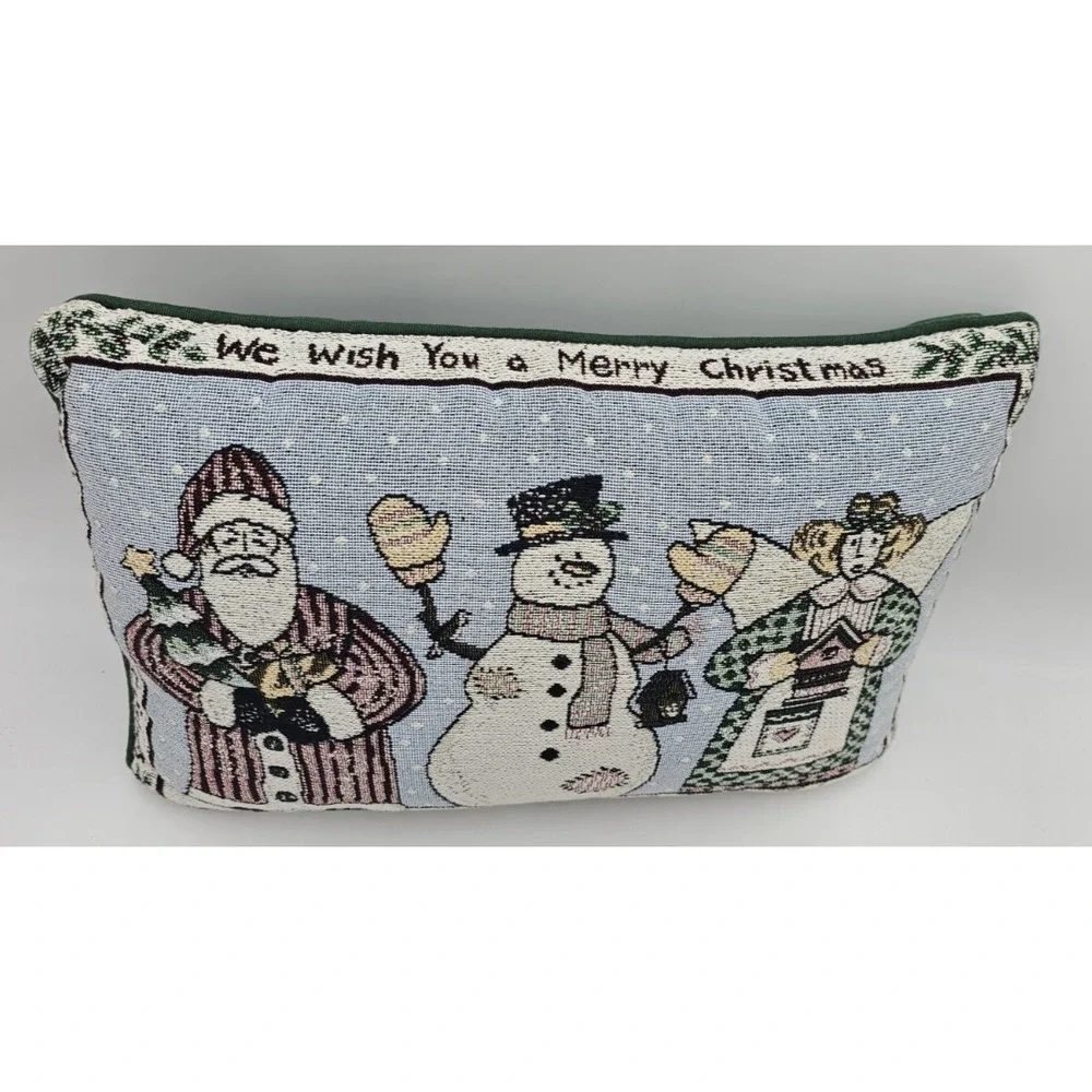 Tapestry Christmas Throw Pillow Santa Snowman Angel Holiday Decor 17x12 Vintage
